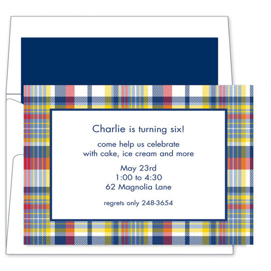 Navy and Red Madras Plaid Invitations